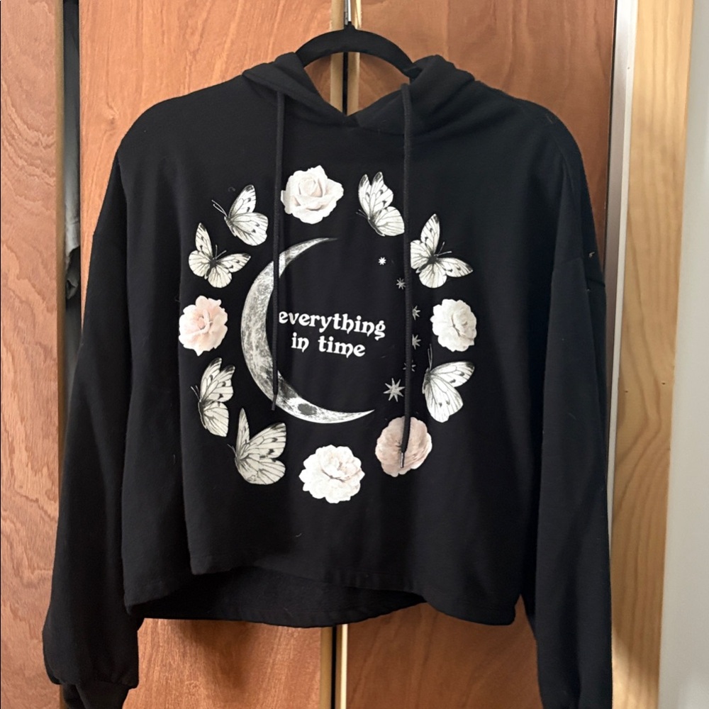 Public Library Black Cropped Hoodie with Moon and Butterfly Design Very soft M